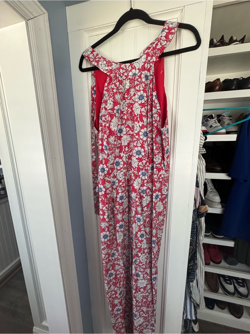 LOFT Red Floral Sundress with Blue Accent